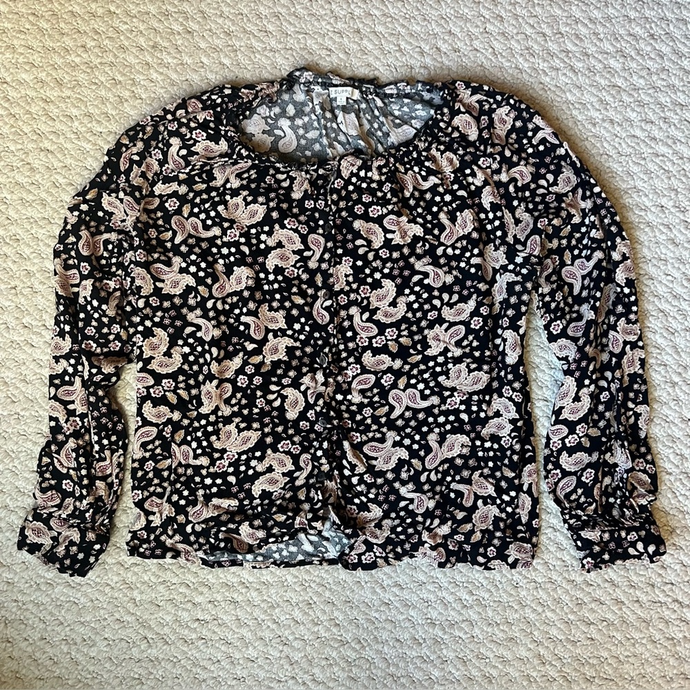 Z Supply Black and Burgundy Floral Print Blouse - L